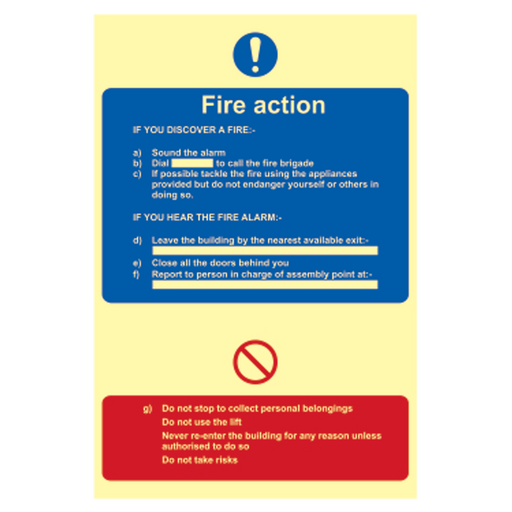 ASEC Photoluminescent Fire Action Procedure Sign 200mm x 300mm - Smart Home Group 